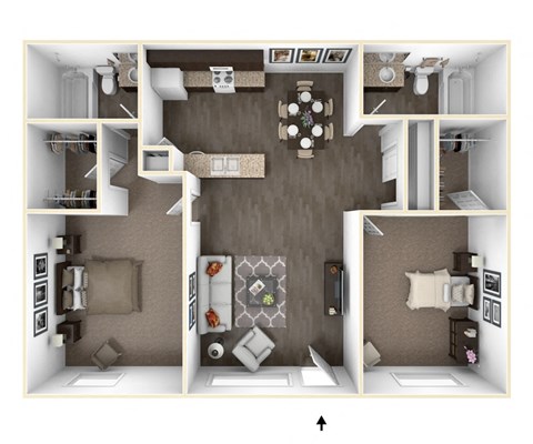 Floor plan for 2 beds, 2 baths, 840 sqft